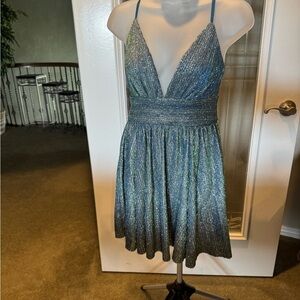 Lulu's Glittering Blue/Teal and Silver Mini Dress XS